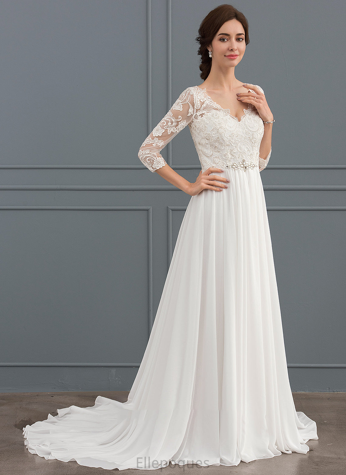 Wedding Dresses Train V-neck Dress Estrella Chiffon Beading Wedding Sweep With Lace Sequins A-Line