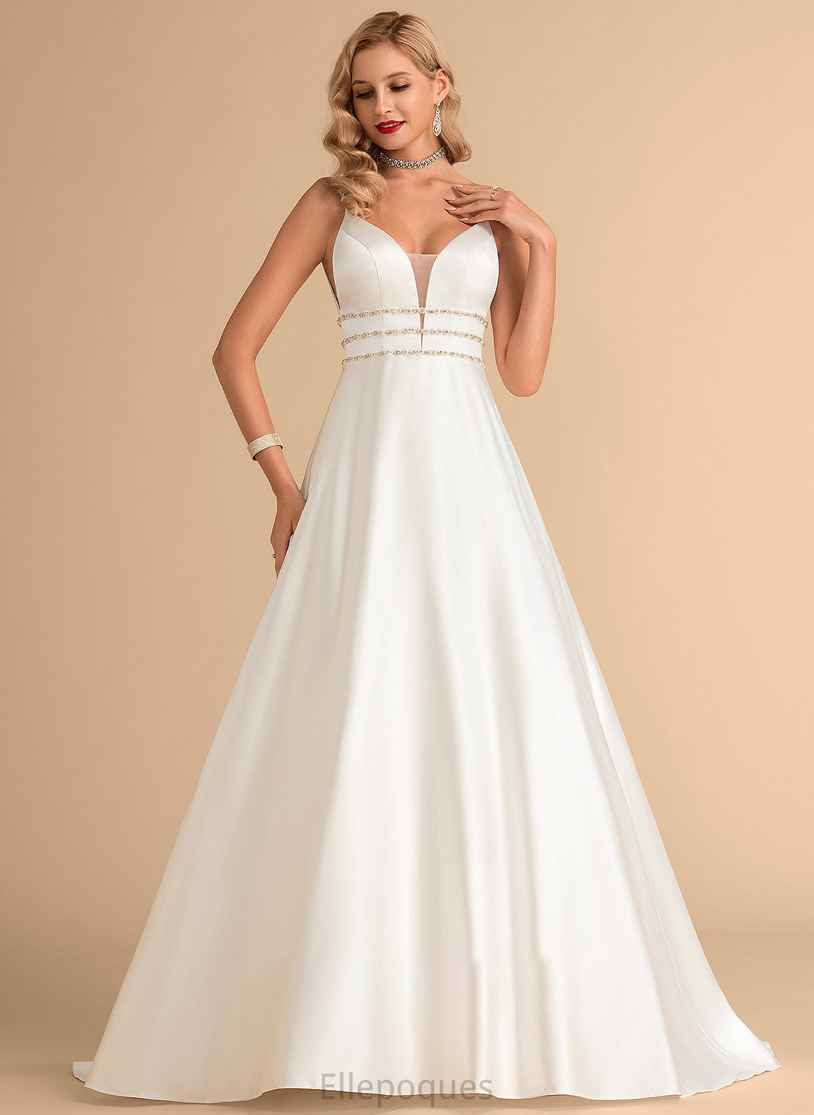 Dress Wedding Dresses Wedding With V-neck Nicola Beading Ball-Gown/Princess Satin Sweep Train