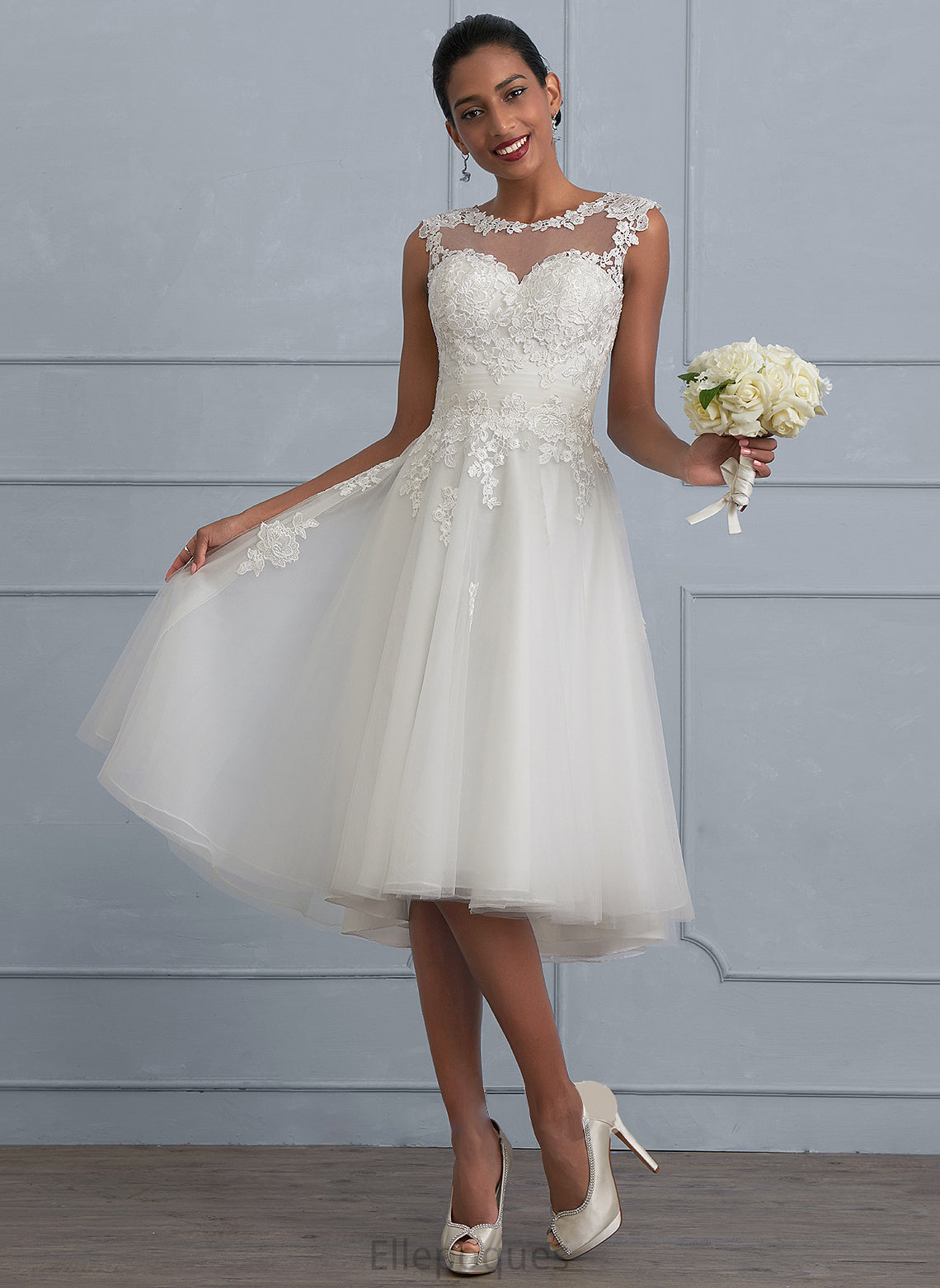 Krystal Tulle Wedding Dresses Illusion A-Line With Ruffle Asymmetrical Wedding Dress