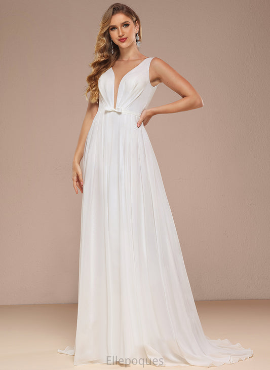 With Train Wedding V-neck Chiffon Wedding Dresses Dress Bow(s) A-Line Pat Sweep