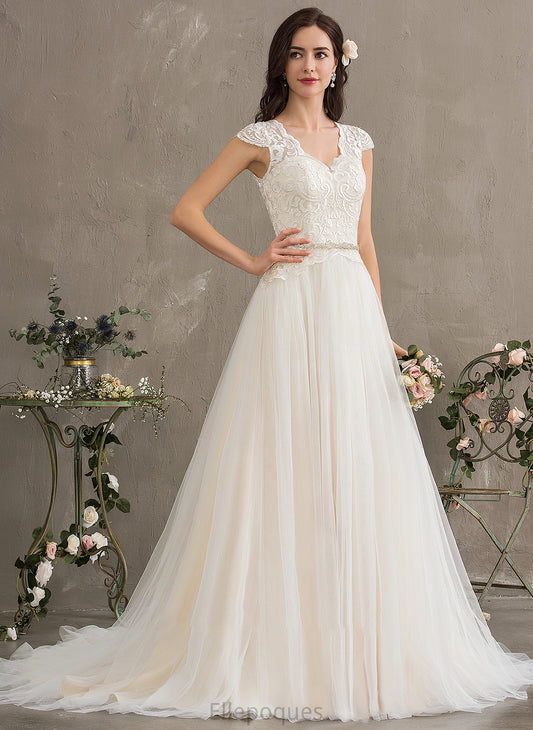 With V-neck Court Skyla Sequins Wedding Dresses Tulle Train Beading Ball-Gown/Princess Wedding Dress