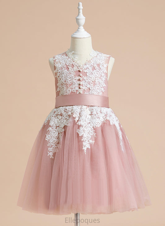 - Dress V-neck Tulle/Lace With Flower Girl Dresses Girl Knee-length Flower Nancy Sleeveless A-Line Bow(s)