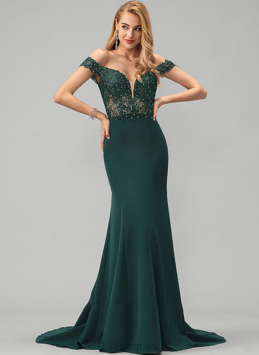 Sequins Sweep Beading Lace Off-the-Shoulder Prom Dresses Stretch With Stella Crepe Train Trumpet/Mermaid