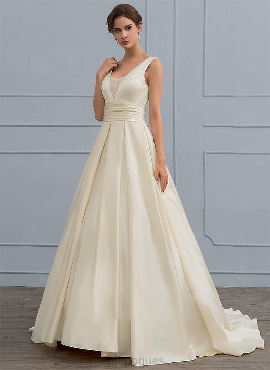 V-neck Angela Wedding Train Dress With Satin Sweep Lace Wedding Dresses Ball-Gown/Princess