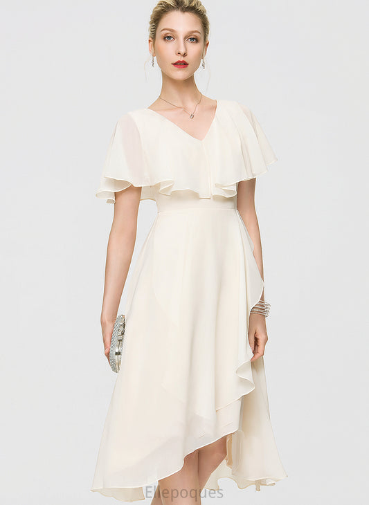 Cascading Wedding Dresses Chiffon Bow(s) Ruffles Wedding A-Line V-neck Asymmetrical Dress With Joyce