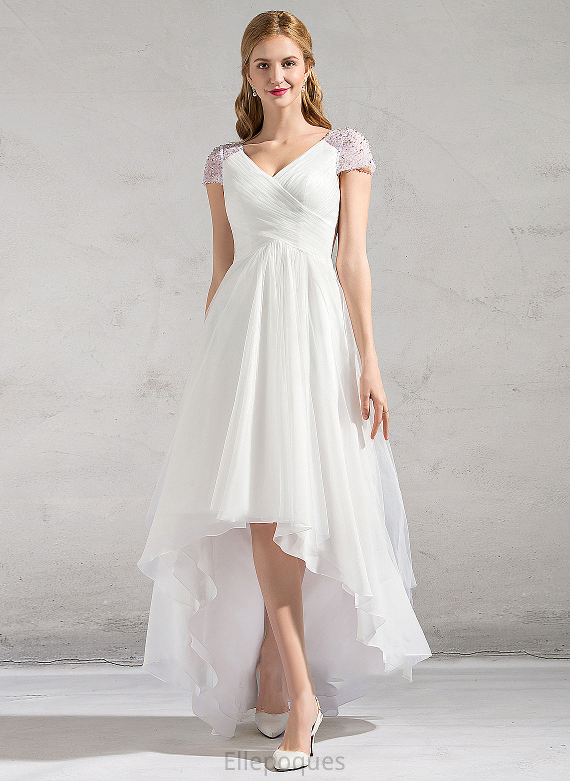 Samara Tulle Dress A-Line Wedding Dresses Ruffle Beading Sequins Wedding With V-neck Asymmetrical