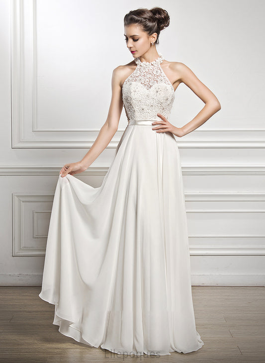 A-Line Wedding Sequins Chiffon Maritza Floor-Length Beading With Neck Wedding Dresses Scoop Dress