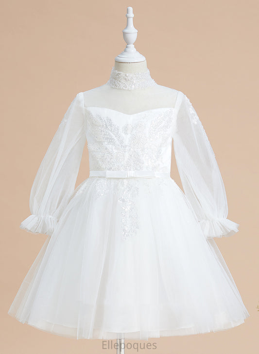 Sleeves Siena Long With Tulle A-Line Dress Knee-length Flower Girl Dresses Sequins Neck - Flower Girl High