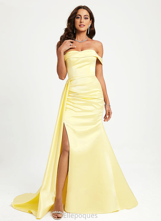 Satin Sweep Prom Dresses Ruffle Train With Trumpet/Mermaid Esperanza Off-the-Shoulder