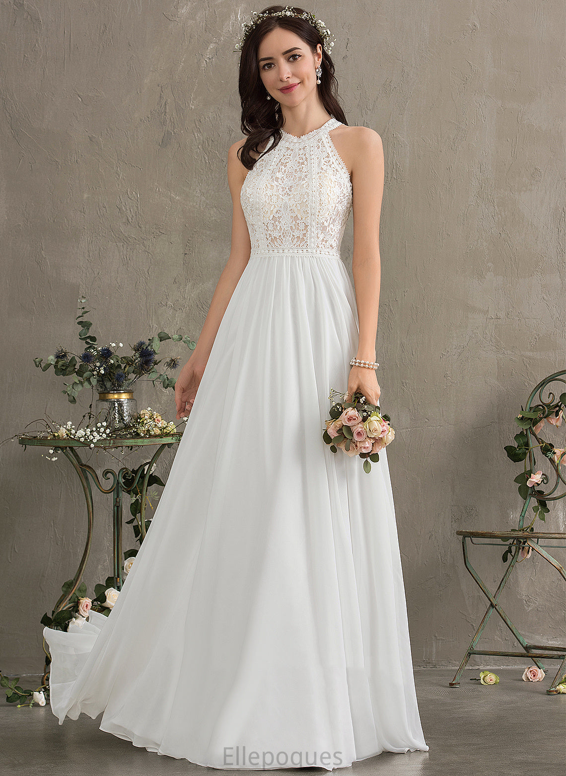 Chiffon Dress Scoop Penelope Lace Wedding Dresses Floor-Length A-Line Neck Wedding