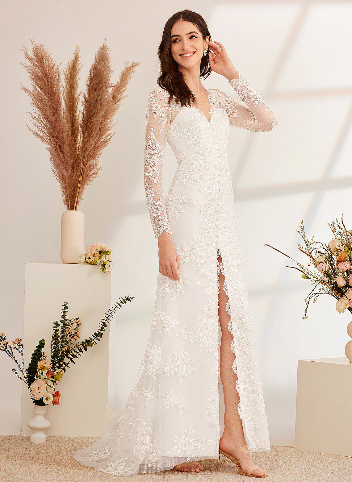 Beading Dress V-neck With A-Line Train Lizeth Front Wedding Dresses Sweep Sequins Wedding Split