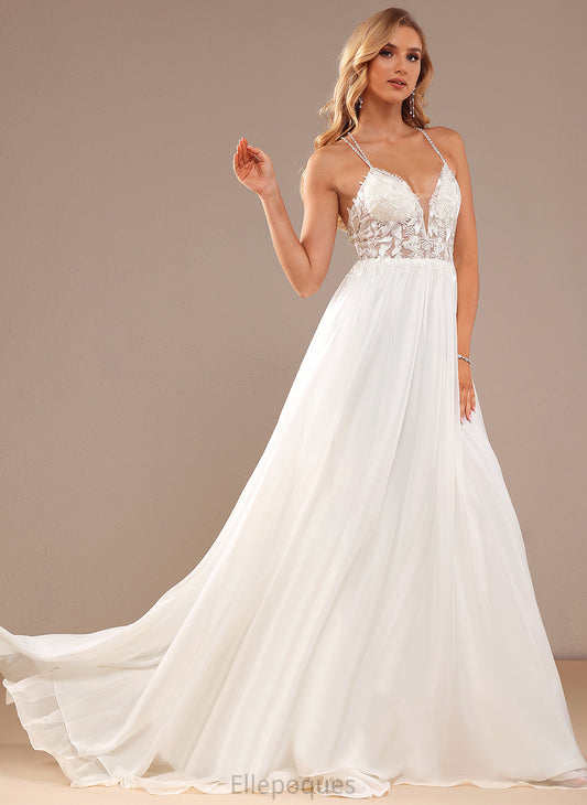 A-Line Wedding Dresses Sweep Dress Train Chiffon With V-neck Beading Sequins Paityn Wedding Lace