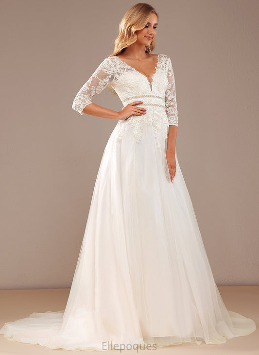 Train Dress With Tulle Zoey Wedding Beading Lace Lace V-neck Court Wedding Dresses Ball-Gown/Princess Sequins