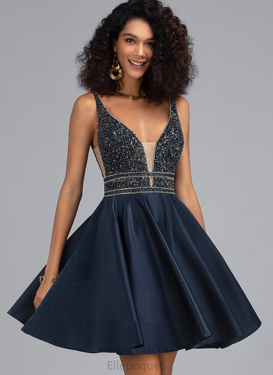 Val Homecoming Dresses Satin Dress Sequins Beading V-neck Short/Mini With Homecoming A-Line