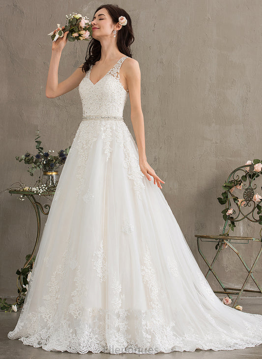 Ball-Gown/Princess Lace Wedding Dresses With Court Wedding Train Beading V-neck Dress Marlene Sequins Tulle