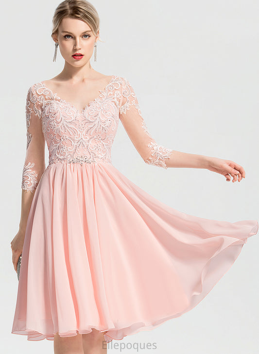 Wedding Chiffon A-Line Lace Knee-Length Dress V-neck Wedding Dresses With Hana Beading