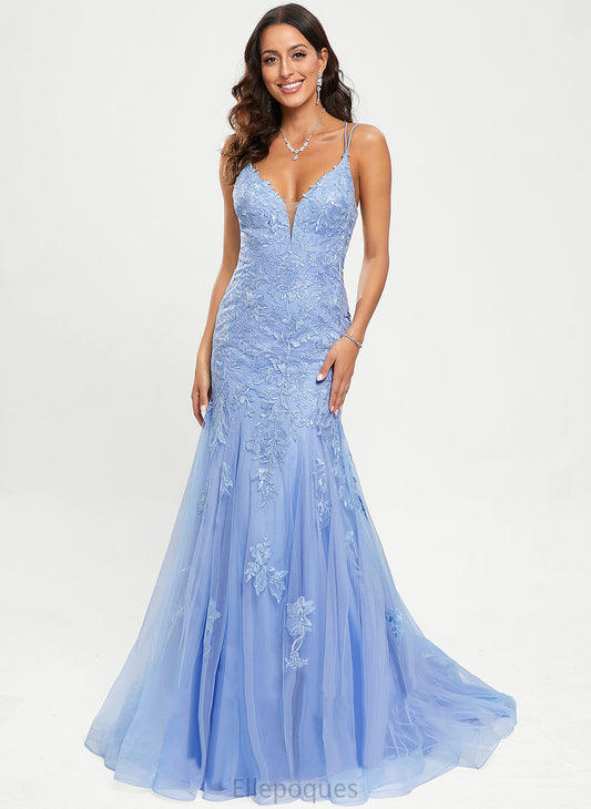 Tulle V-neck Trumpet/Mermaid Train Sequins With Sweep Kenna Prom Dresses Lace