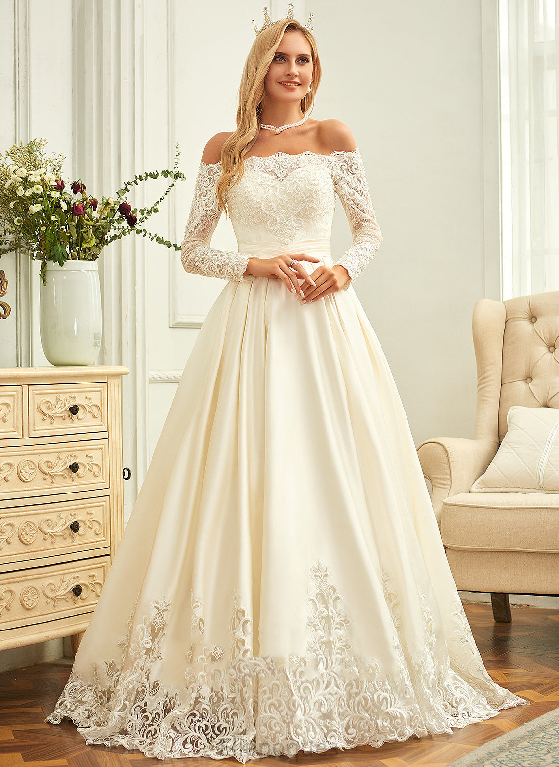 Wedding Jayden With Beading Sequins Wedding Dresses Lace Satin Sweep Train Dress Off-the-Shoulder Ball-Gown/Princess