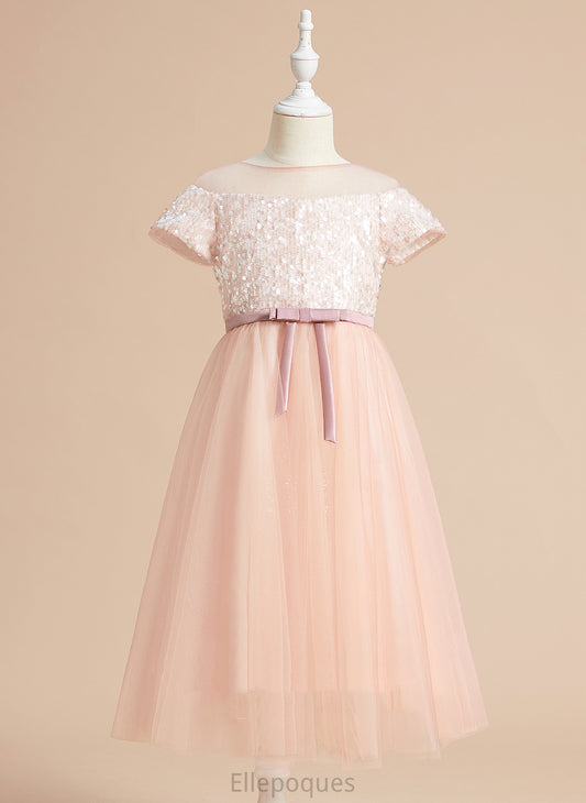 Flower Girl Dresses Dress Scoop Girl Neck Tea-length Sash/Bow(s) Flower A-Line With Jessie Short - Sleeves Tulle