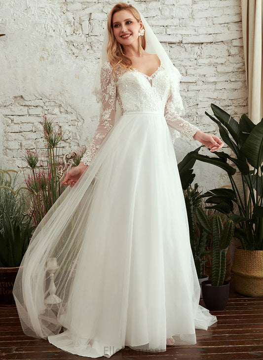 A-Line Train Dress Wedding Dresses Amya Beading Wedding Sequins V-neck With Sweep