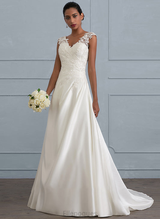 Dress Sweep Train V-neck With Wedding Satin Ruffle Beading Sequins Ball-Gown/Princess Makayla Wedding Dresses