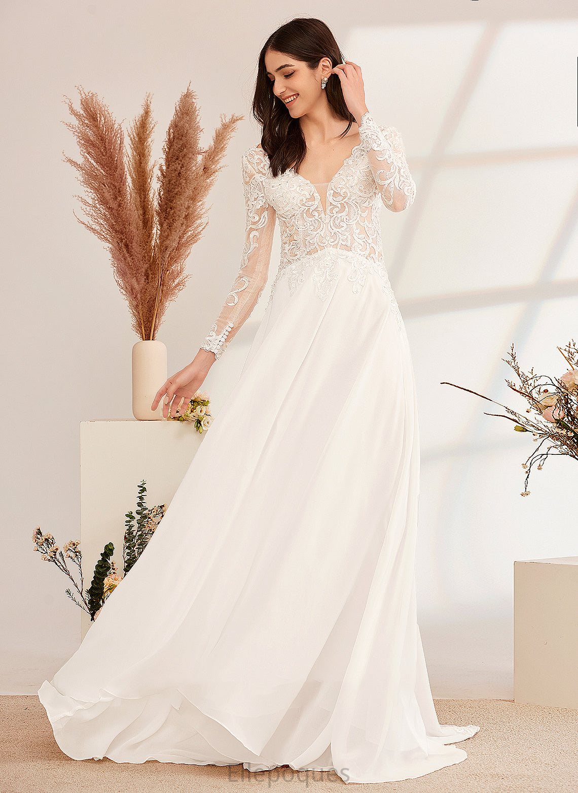 Sweep Beading A-Line Journey V-neck Train Dress Wedding With Wedding Dresses