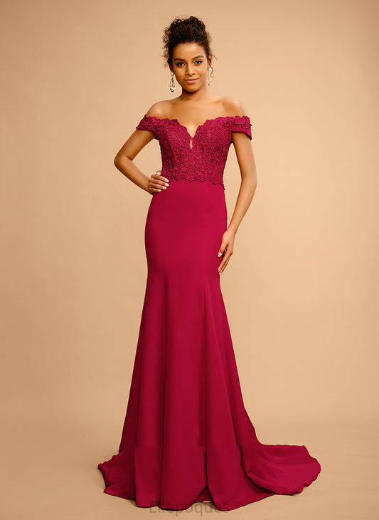 Off-the-Shoulder Crepe Sequins Stretch Floor-Length Destinee Prom Dresses With Trumpet/Mermaid