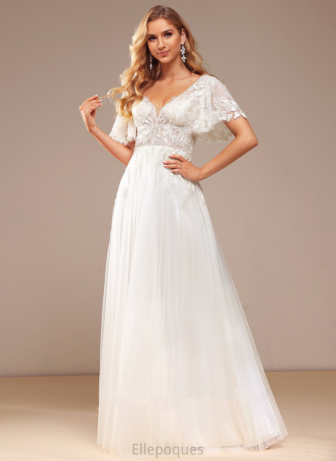 With Tulle Dress Floor-Length Beading Sequins V-neck Lace Wedding Dresses Wedding Lace A-Line Elva