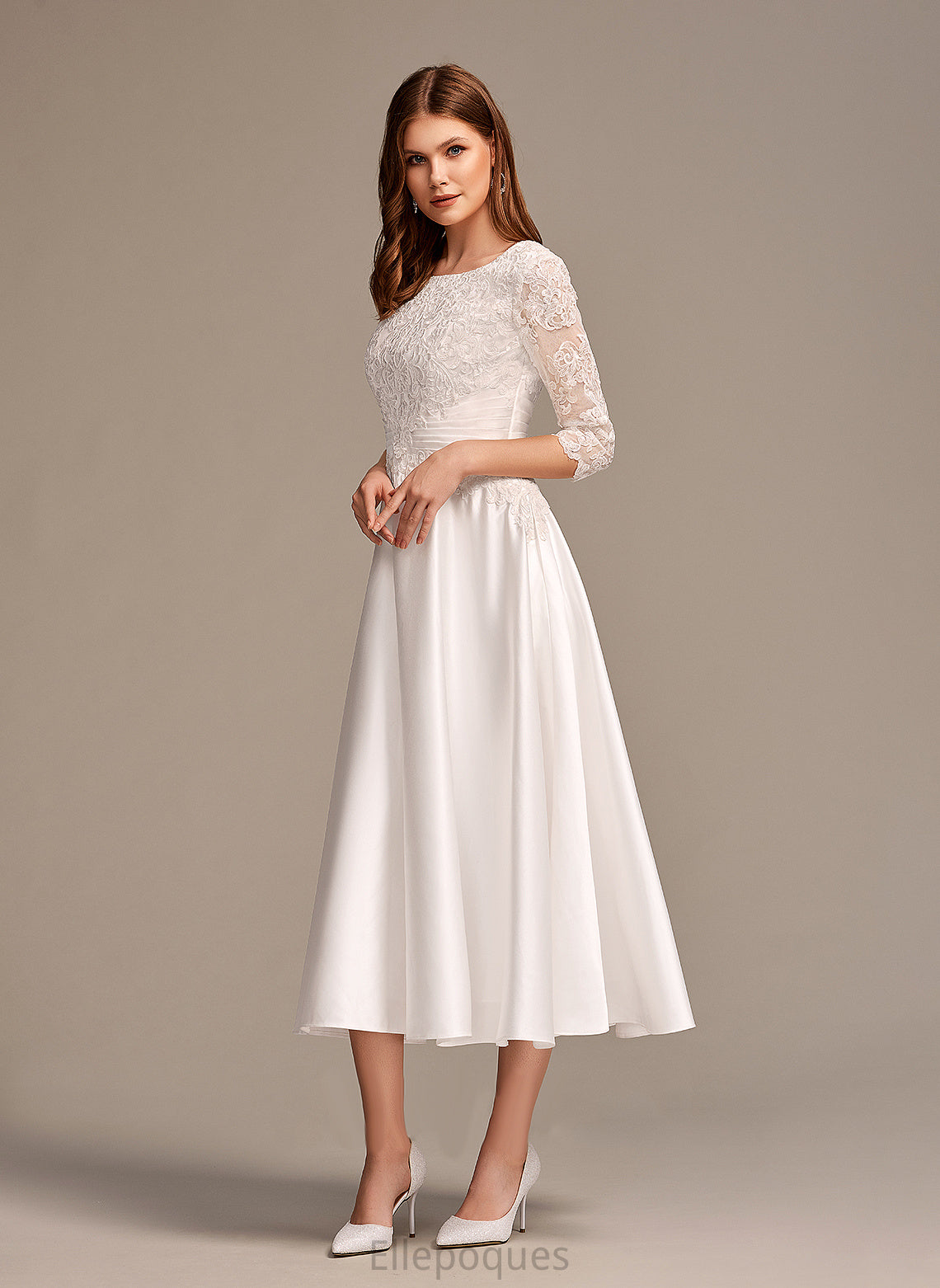 Neck Satin A-Line Wedding Dresses Tea-Length Carlie Dress Scoop With Pockets Wedding Lace