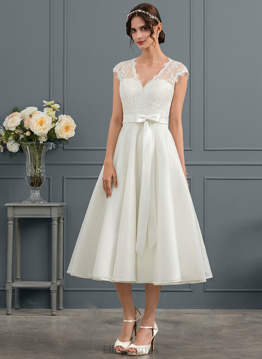 Satin Bow(s) Dress A-Line V-neck Wedding Tea-Length Wedding Dresses With Mya