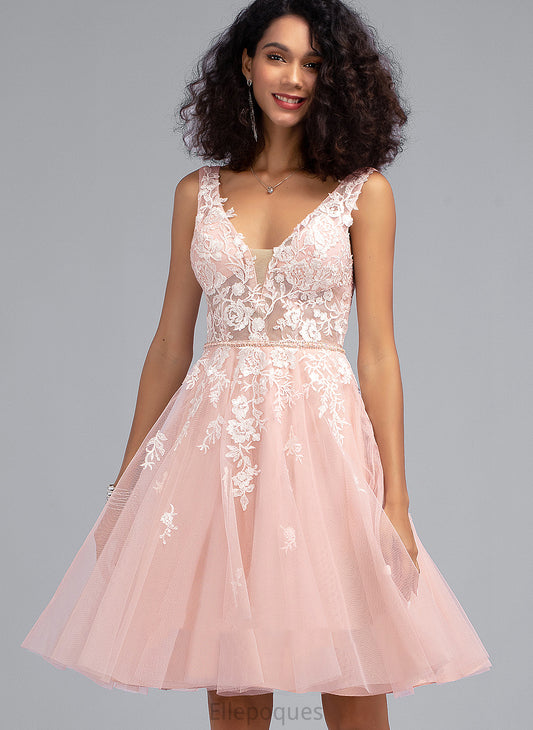 Knee-Length With Homecoming V-neck Homecoming Dresses Sequins Jaqueline A-Line Lace Dress Beading Tulle