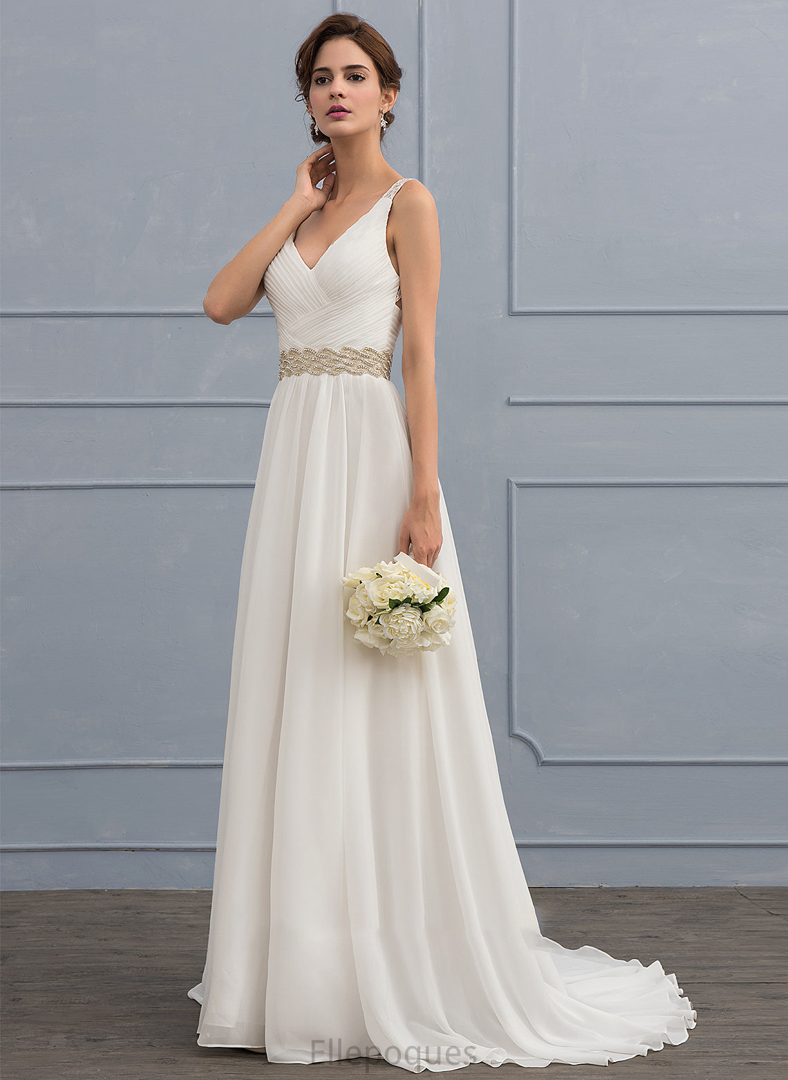 Lace Dress Train Sweep Lailah Wedding Dresses Ruffle V-neck Chiffon With Beading A-Line Wedding Sequins