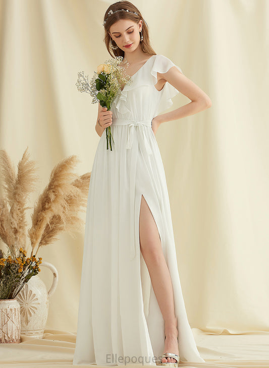 Split Front Floor-Length A-Line Dress Chiffon Ruffles Wedding Mariah With V-neck Wedding Dresses Cascading