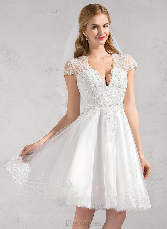 V-neck Madeleine Wedding Dresses Tulle Lace Dress A-Line Knee-Length Appliques Sequins With Wedding Lace Beading