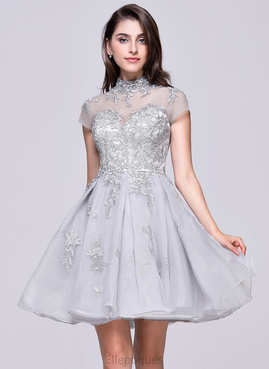 Homecoming Tulle Organza Short/Mini Lace Leticia A-Line With Appliques Neck High Homecoming Dresses Lace Dress