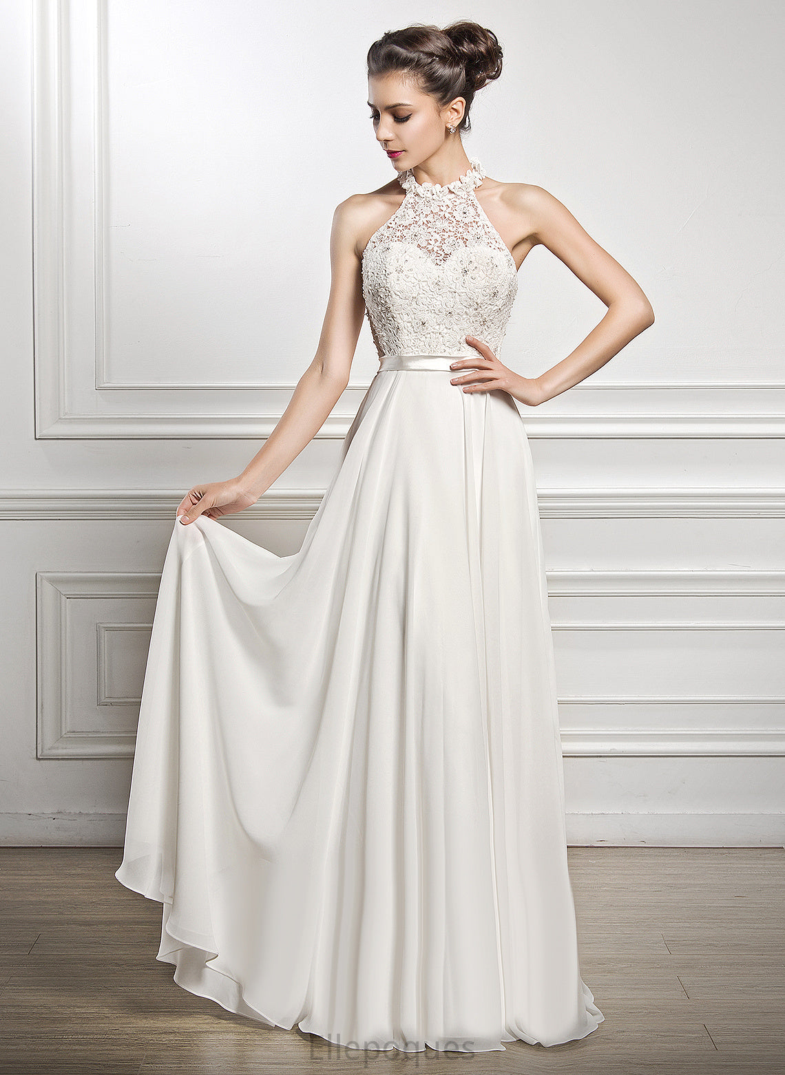 Wedding Floor-Length Wedding Dresses Chiffon A-Line Dress Lace With Angel Beading Sequins