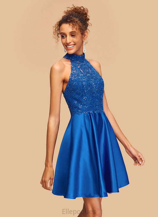 High Neck A-Line Ashly Lace Homecoming Dress Satin With Sequins Short/Mini Homecoming Dresses