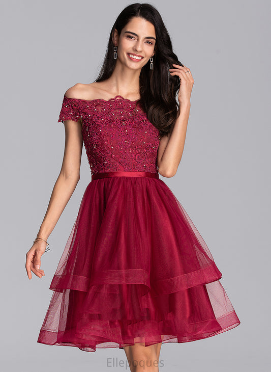 Beading Lace Homecoming Dresses Sequins Knee-Length Homecoming With A-Line Off-the-Shoulder Dress Tulle Savannah