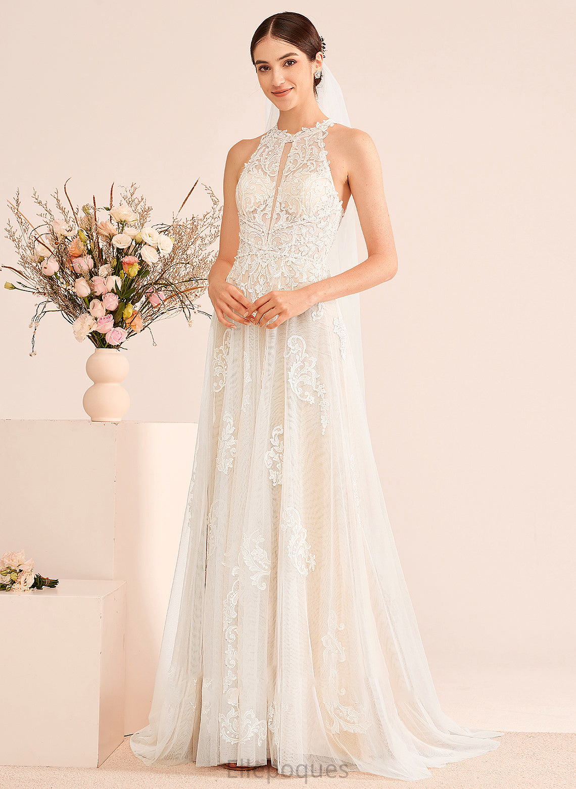 Neck Wedding Dresses Beading A-Line High Dress Train Lucy Wedding With Court