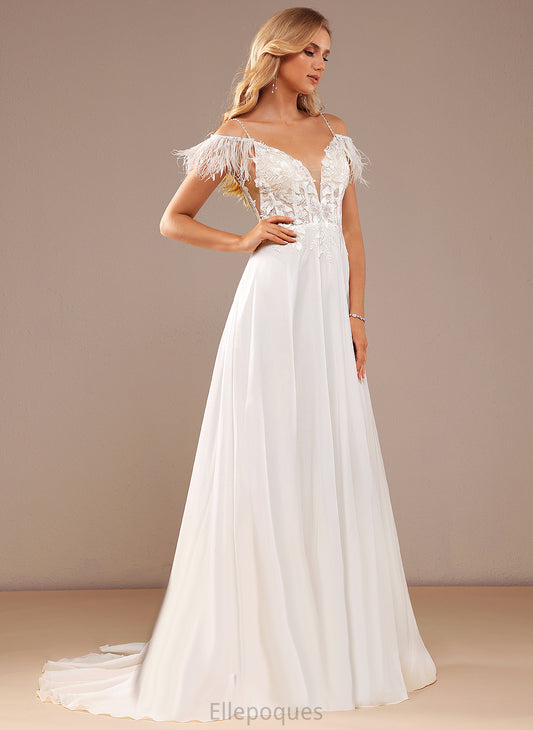 Lace Sequins Train Wedding Chiffon Pockets Lace Feather Wedding Dresses V-neck A-Line Court Margaret With Dress Beading