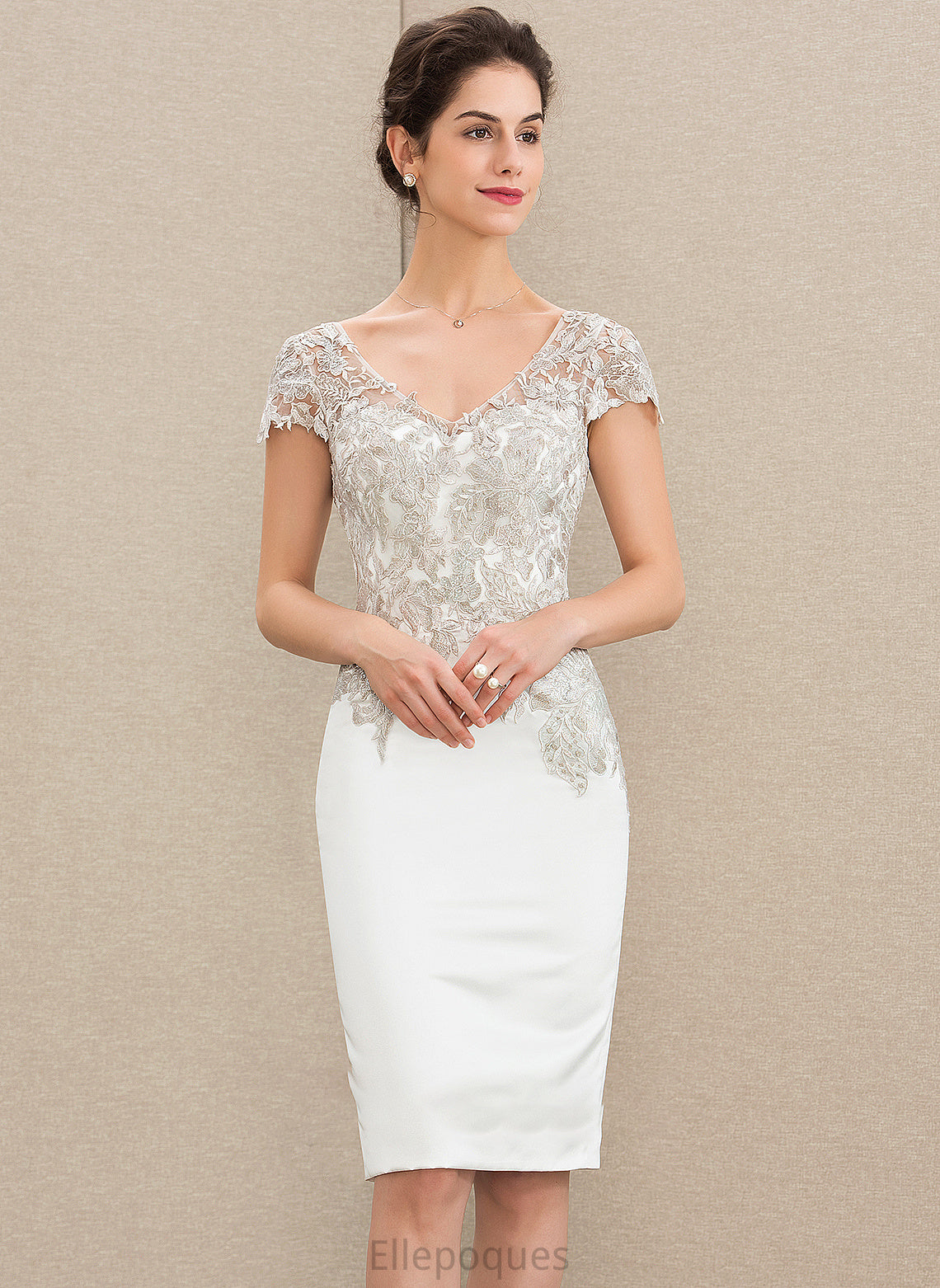 Elle Sheath/Column Knee-Length Lace Dress Wedding Wedding Dresses V-neck Satin