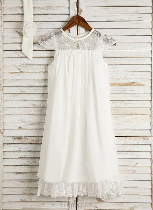 Lace/Flower(s) Sleeveless Flower Girl Dresses Mikaela Tea-length A-Line Girl - Neck Scoop With Flower Chiffon Dress