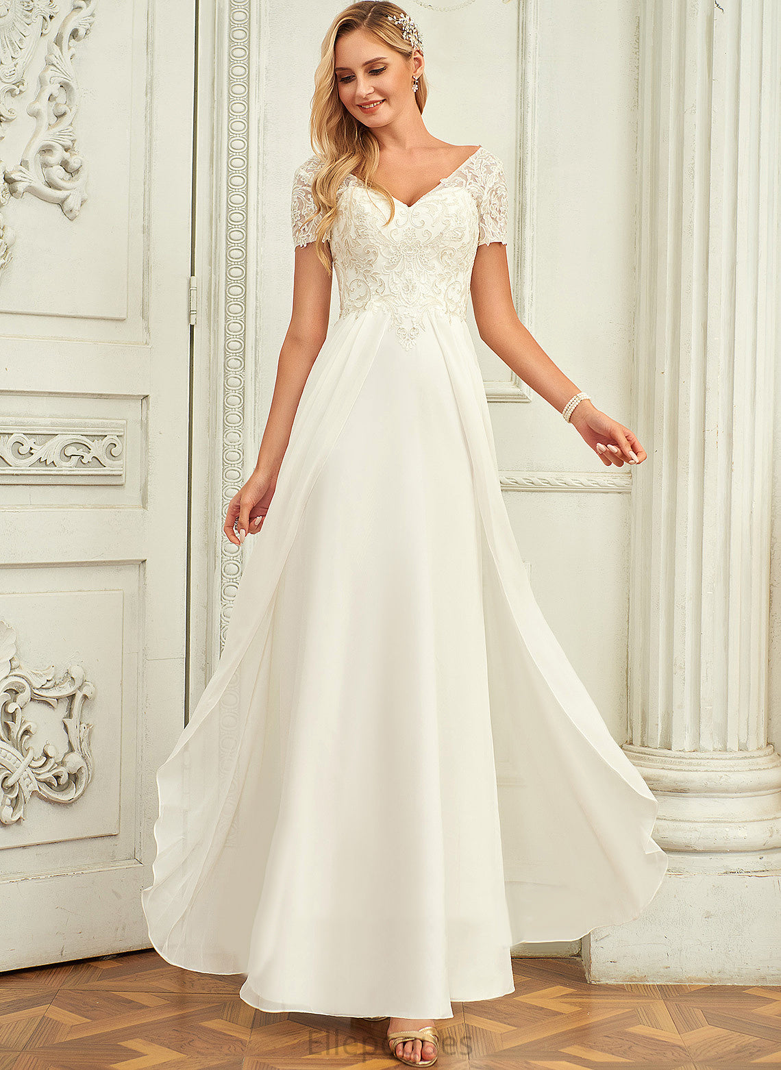 V-neck Wedding Dresses Floor-Length Chiffon Dress Wedding A-Line Emely