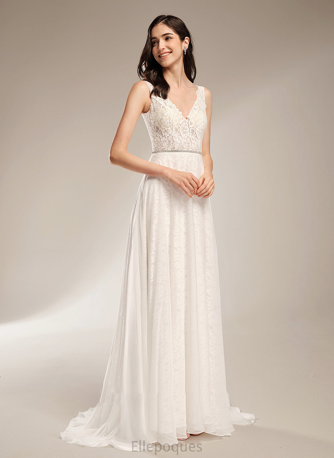 V-neck With Train Beading A-Line Sweep Wedding Teagan Wedding Dresses Dress