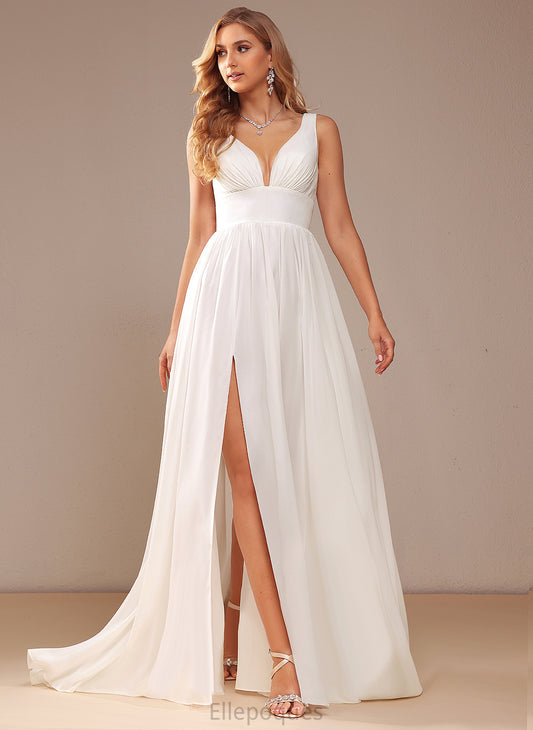 Poll Wedding A-Line Dress Sweep Chiffon V-neck Split Wedding Dresses Train Front With