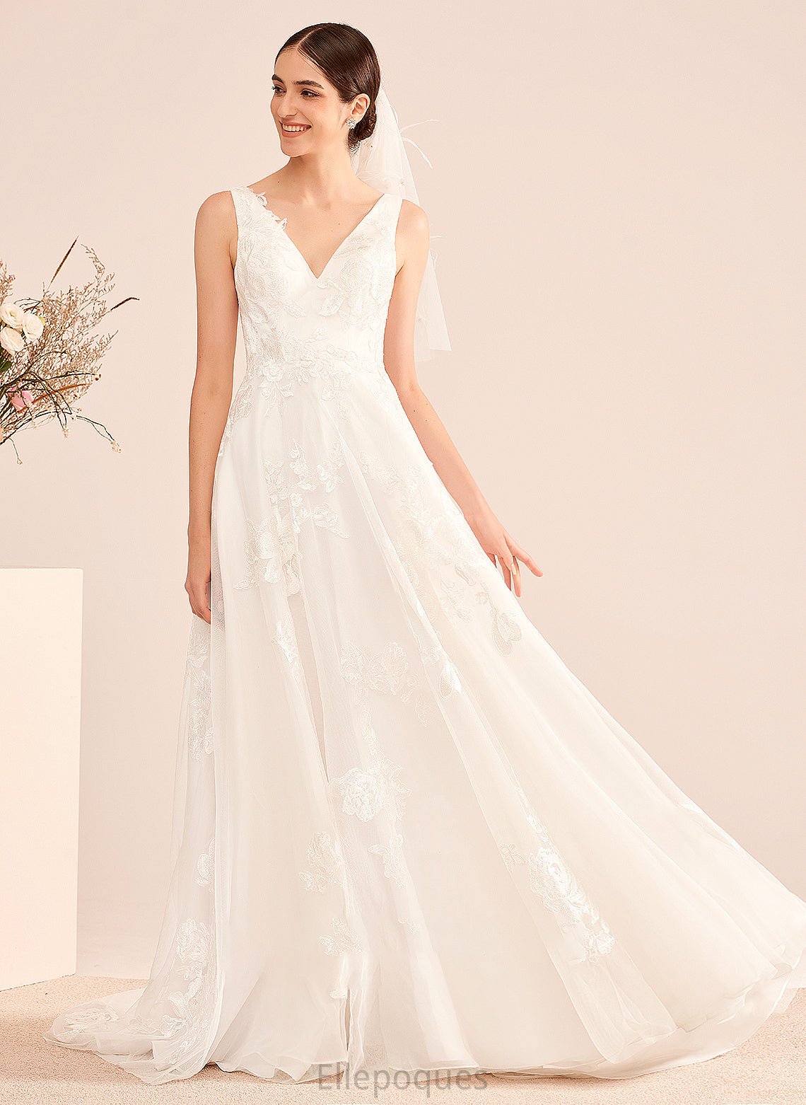 A-Line Lace With Wedding Train Luna Court Dress Wedding Dresses V-neck