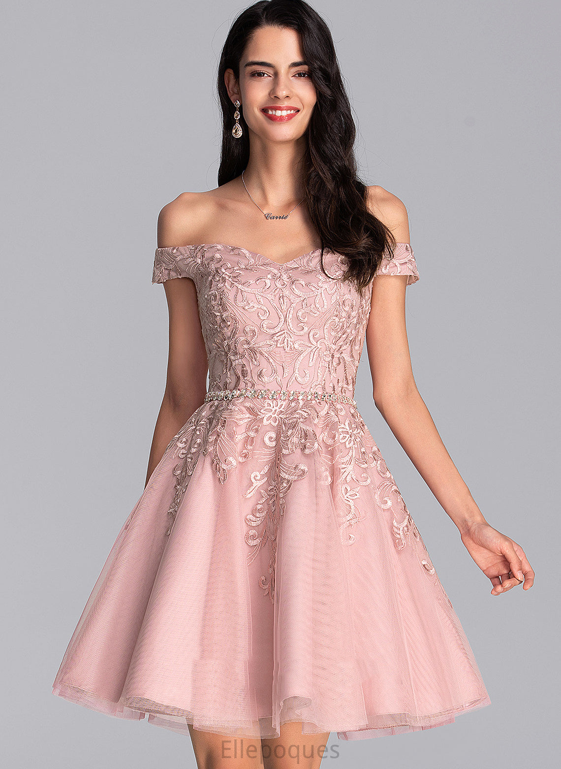 Homecoming Dresses A-Line Dress Homecoming Lace Tulle With Short/Mini Beading Yadira Off-the-Shoulder