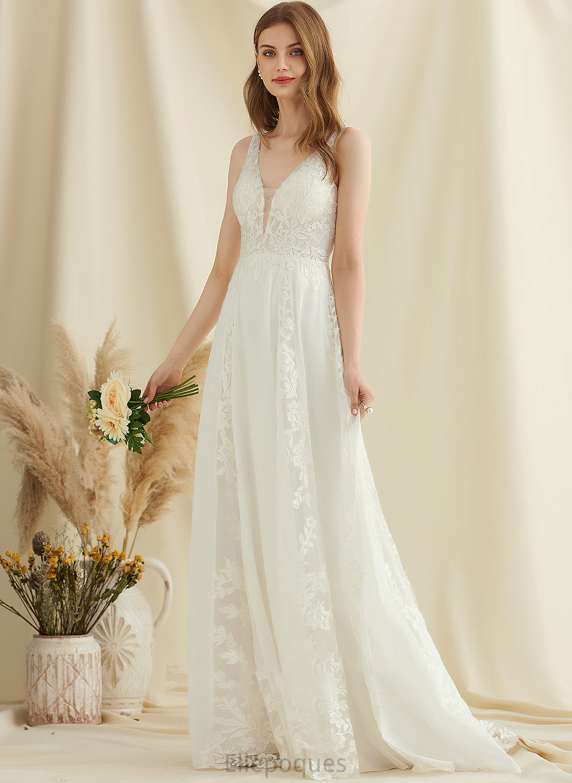 With Sequins A-Line Wedding Dress Wedding Dresses Train Chiffon Sweep Tabitha V-neck Lace