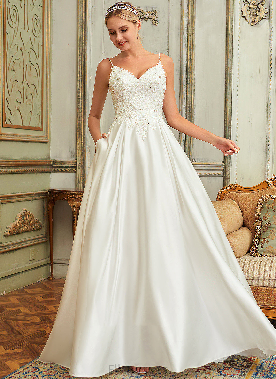 Jacquelyn Satin Beading Ball-Gown/Princess Train V-neck With Dress Lace Wedding Dresses Sweep Sequins Wedding Pockets Lace