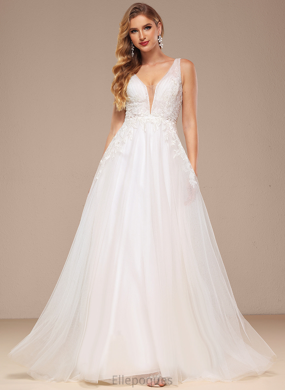 Lace Sweep Wedding Sequins Wedding Dresses With A-Line Elvira Dress Train V-neck Tulle